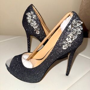 Badgley Mischka Elegant Black Peep-Toe Heels with Crystal Embellishments